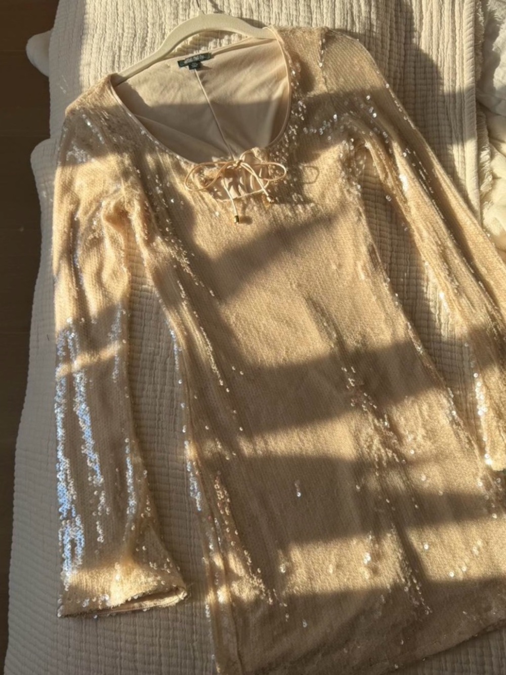 Sequin Lace-Up V-Neck Long Sleeve Top - Cream